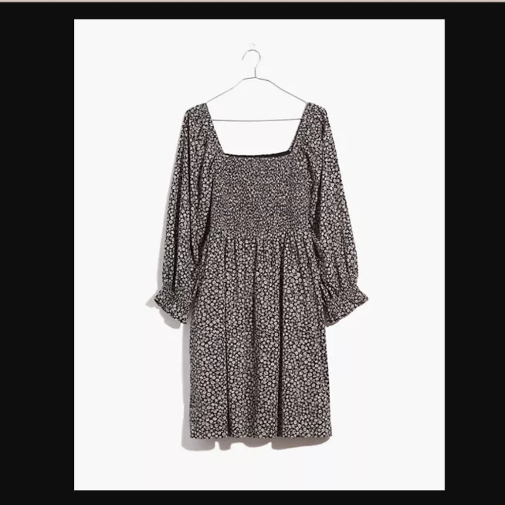 NWT Madewell XXS Lucie Elbow-Sleeve Smocked Mini Dress in Parisian Ditsy